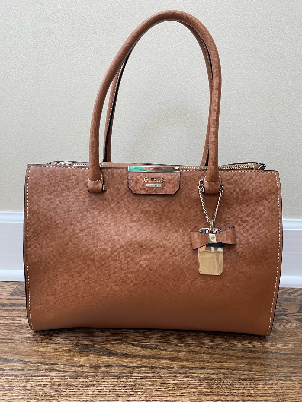 GUESS Ryann Cognac Brown Faux Leather Handbag with Bow Charm